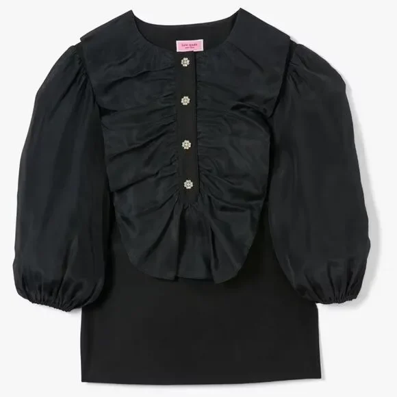 Kate Spade Ruffle Tuxedo Top – Black – Silk Blend – Size L – EUC - Picture 1 of 10